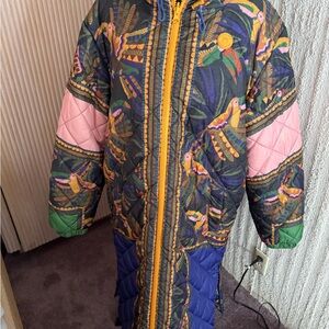 Green and Pink Puffer Jacket with Bold Color-Blocking